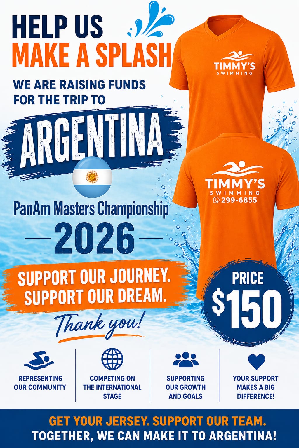 Help us make a splash – Timmy's Swimming orange jersey fundraiser for the trip to Argentina, \$150